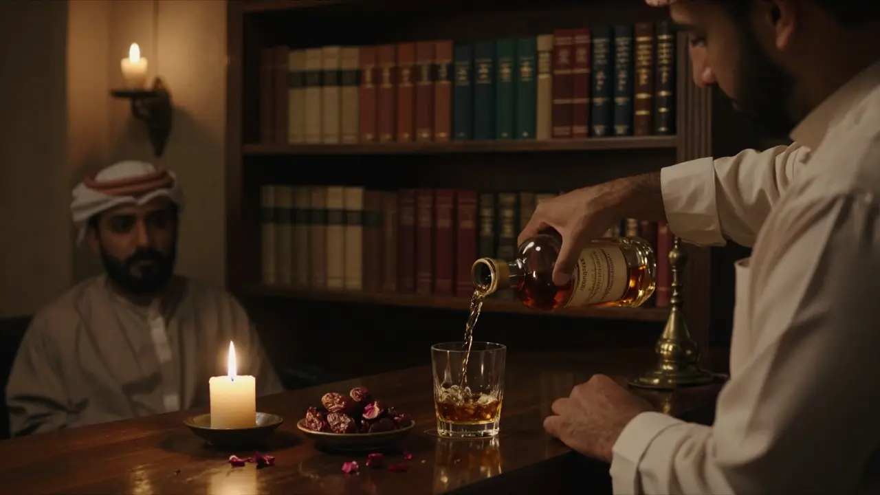 Hidden speakeasy with oud-scented interior, bartender serving whiskey by candlelight.
