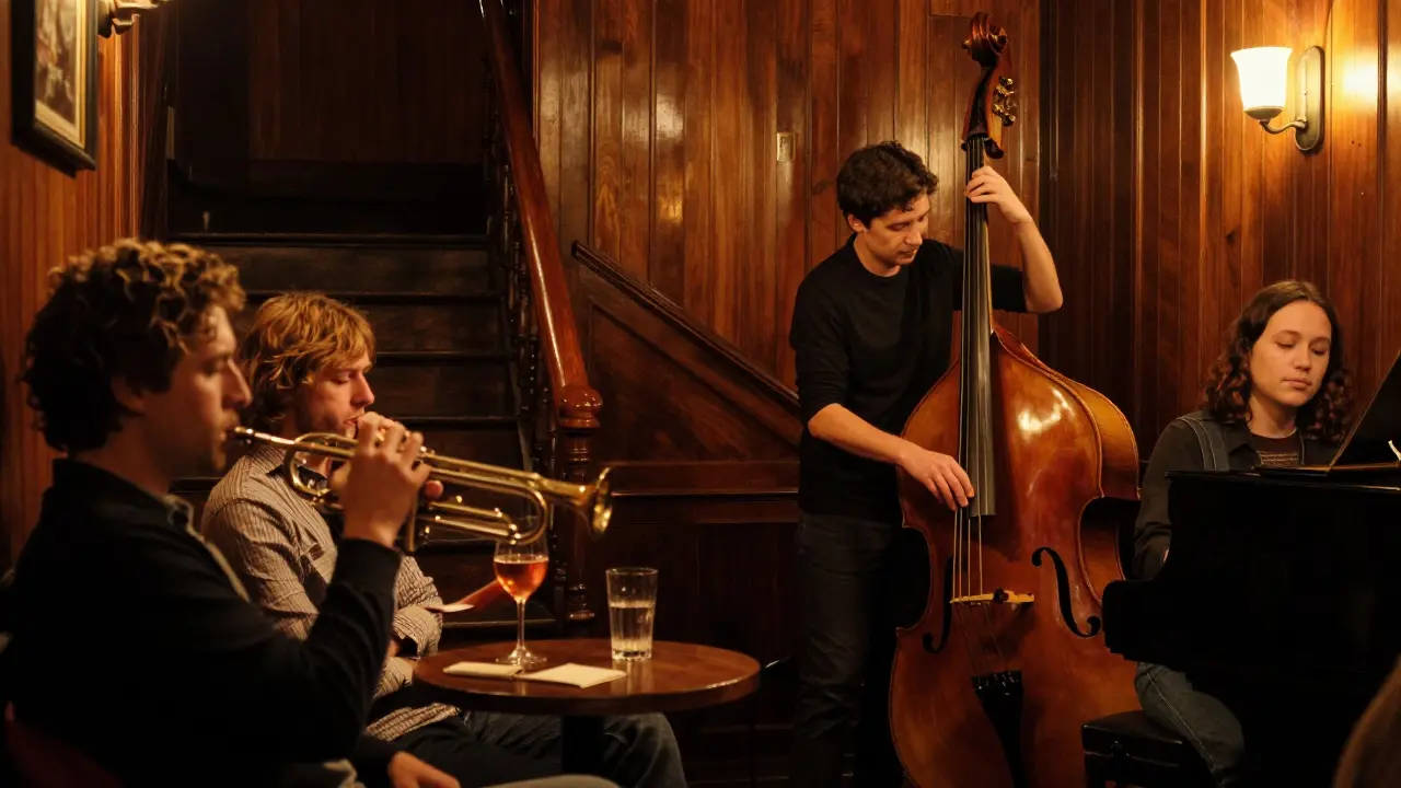 Intimate jazz trio performing in a wood-paneled basement bar in Monaco’s Old Town, patrons listening quietly under soft amber lighting.