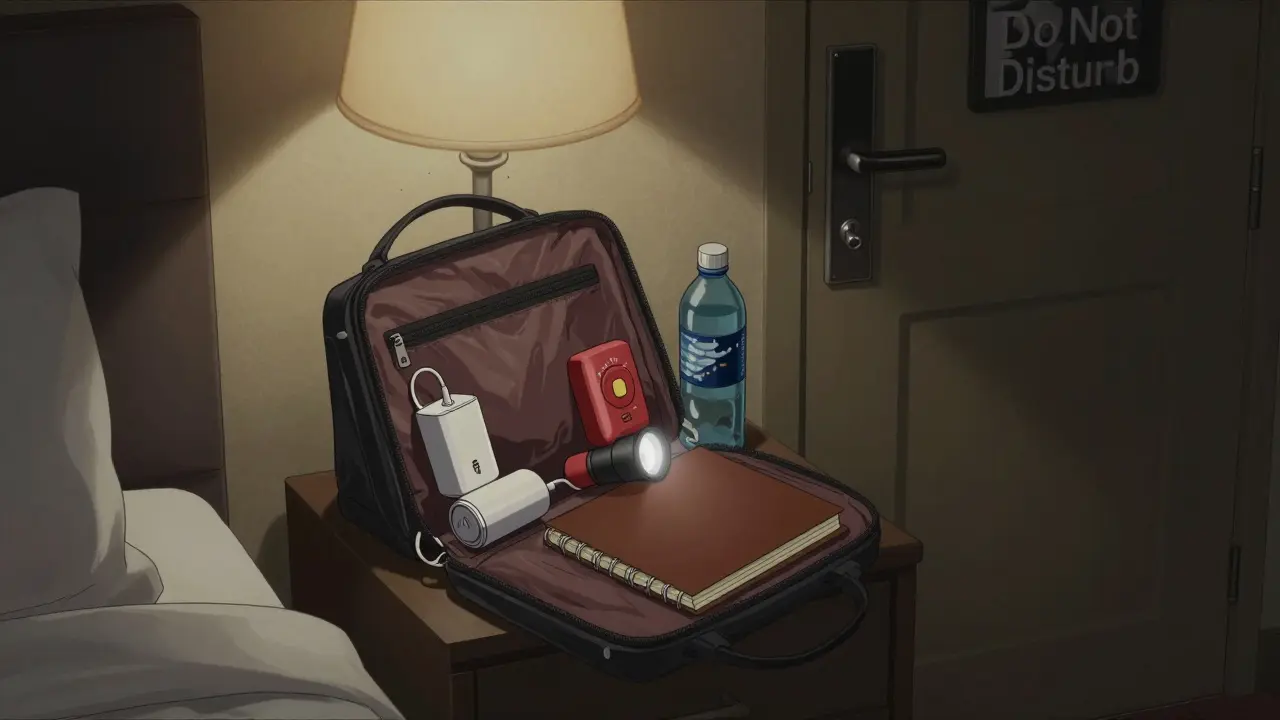 Open handbag on a hotel nightstand with safety items: charger, alarm, flashlight, notebook, and water bottle.