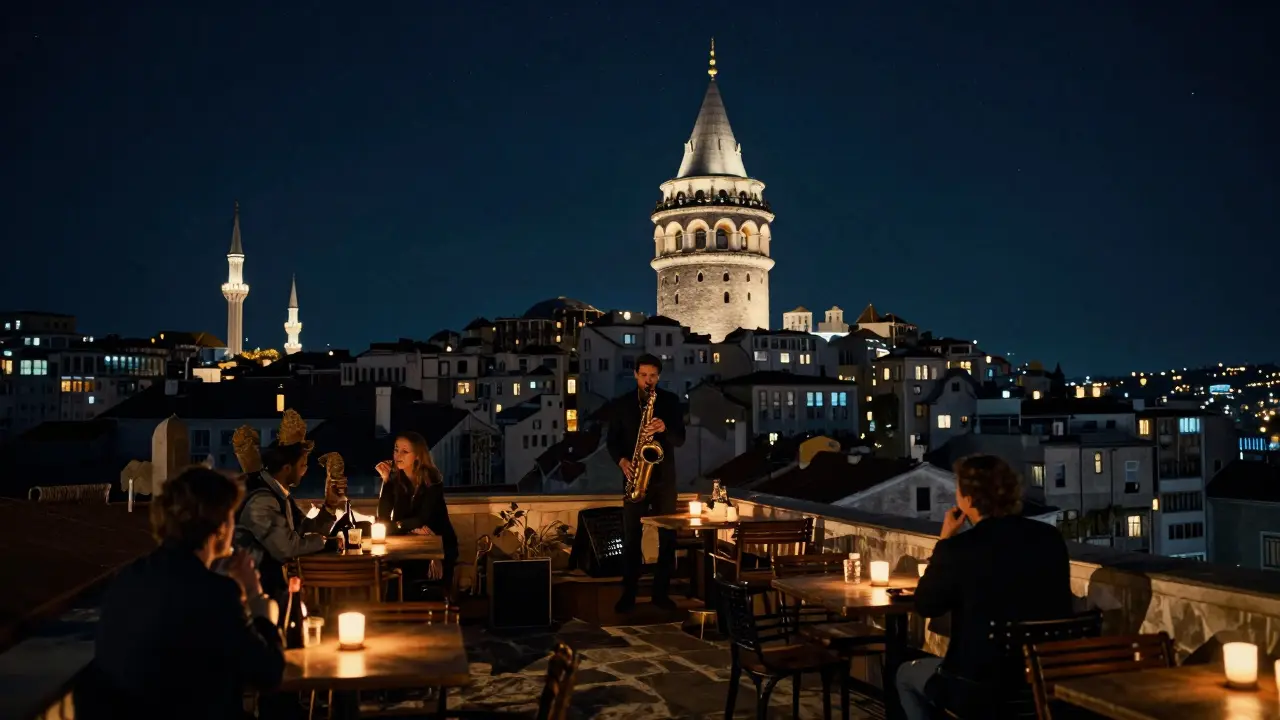 Quiet Galata rooftop at night with a saxophonist playing under candles, Galata Tower glowing in the distance.