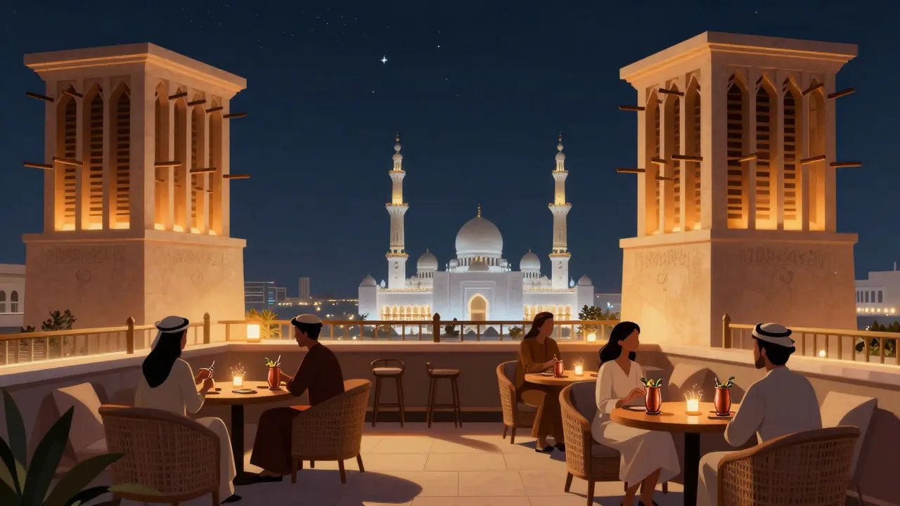 Rooftop bar at Emirates Palace with traditional architecture and distant mosque glowing at night.
