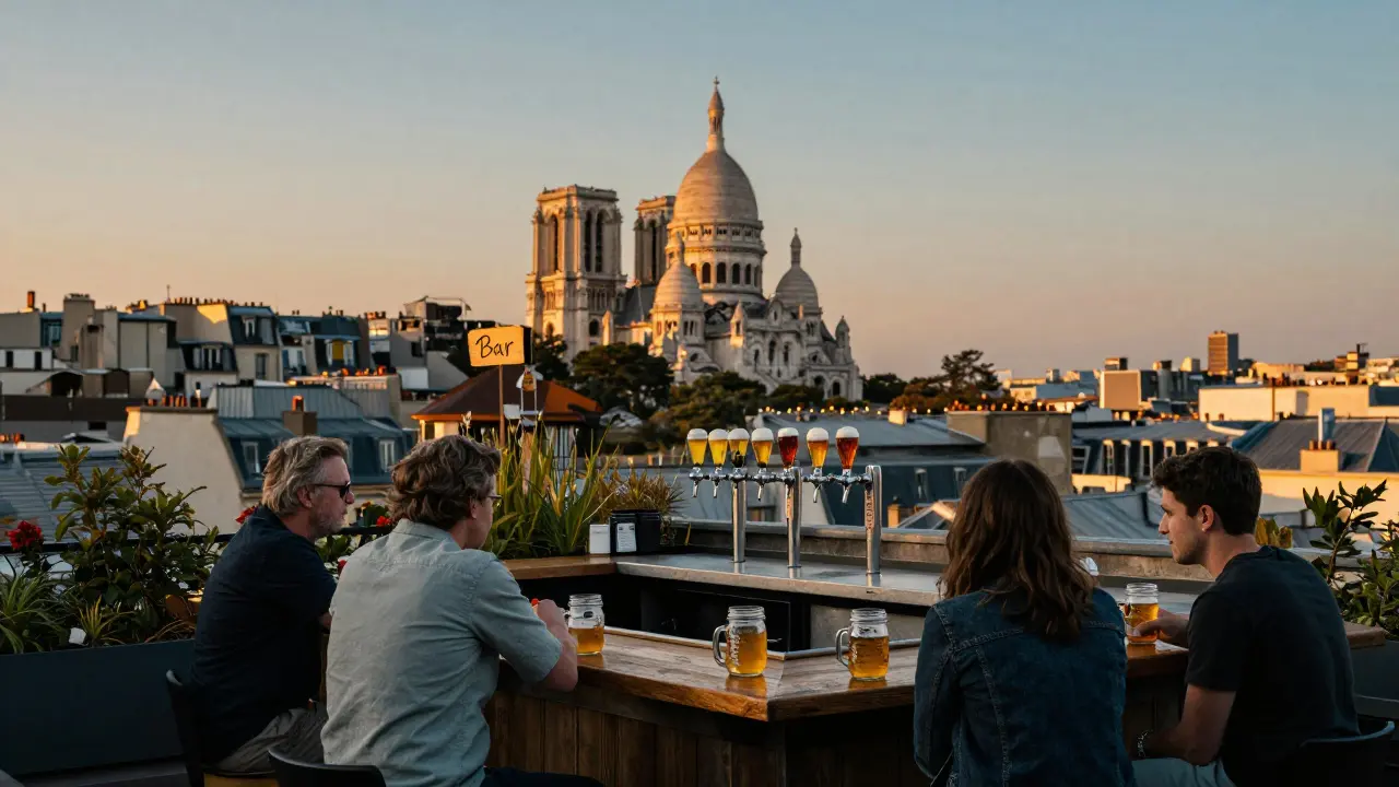Rooftop bar in Paris at sunset with city skyline in background and patrons drinking from mason jars.