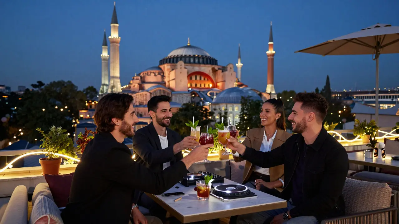 Rooftop bar with panoramic view of Istanbul's historic mosques, guests sipping cocktails under string lights.