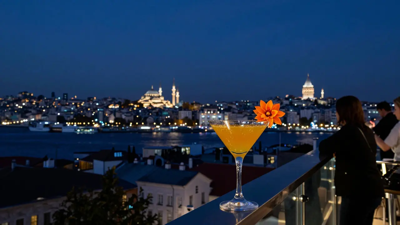 Rooftop view of Istanbul at night with the Bosphorus, Blue Mosque, and Galata Tower glowing under city lights.