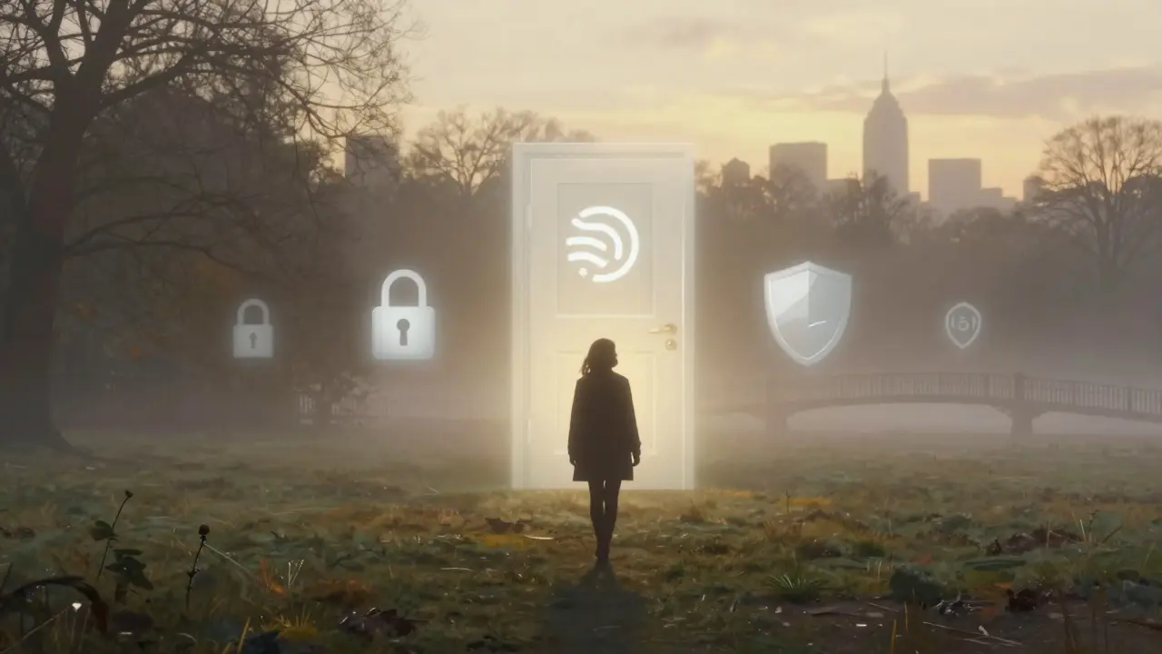 Silhouette of a woman walking through misty park with symbolic icons of safety and future escape floating behind.