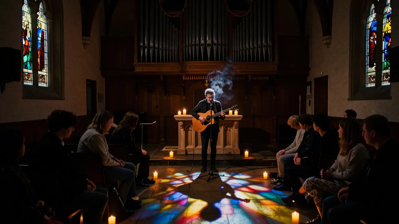 Solemn acoustic performance in Union Chapel with stained glass casting colored light on stone floor.