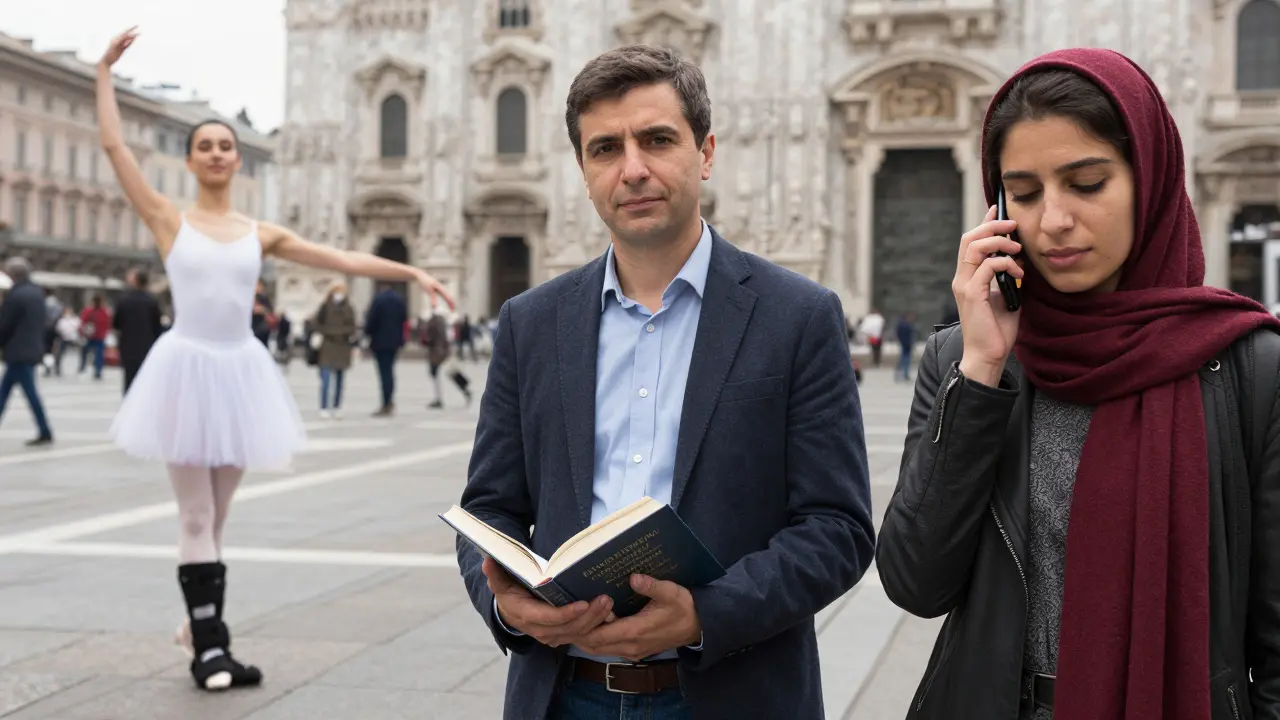 Three individuals from different backgrounds, each representing a unique path to companionship work in Milan.