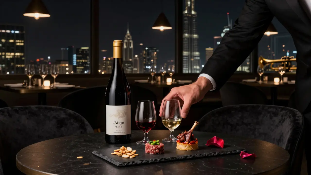 Three wine tasting glasses with paired bites on a slate board in a dimly lit, elegant Dubai wine bar.