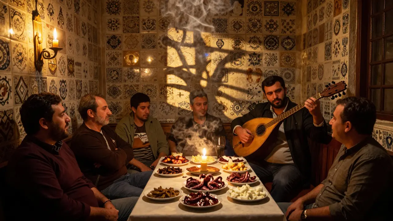Traditional Turkish tavern with a musician playing saz, locals savoring meze by candlelight.