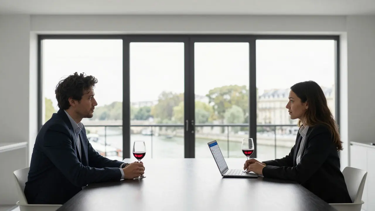 Two adults sit at a modern Paris dining table, drinking wine in silence — professional, dignified, no romance.