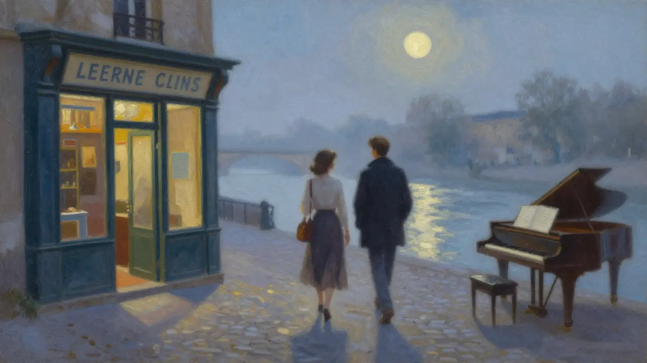 Two individuals walking peacefully along the Seine at dawn, shadows stretching on cobblestones under soft moonlight.
