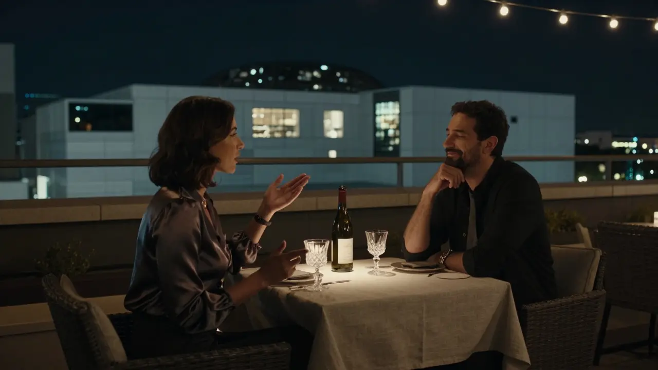 Two people at a rooftop lounge at night, wine glasses between them, Louvre Abu Dhabi glowing softly in the background.
