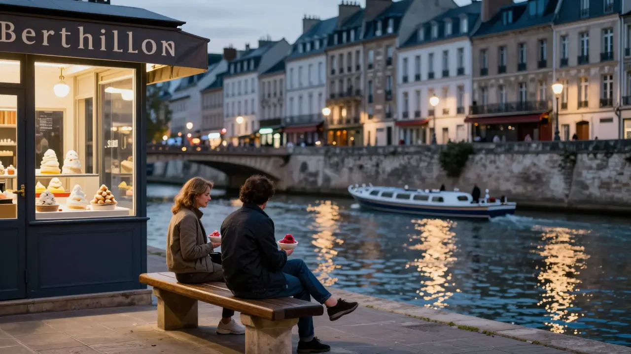 Two people enjoy ice cream on a stone bench by the Seine on Île Saint-Louis at dusk.