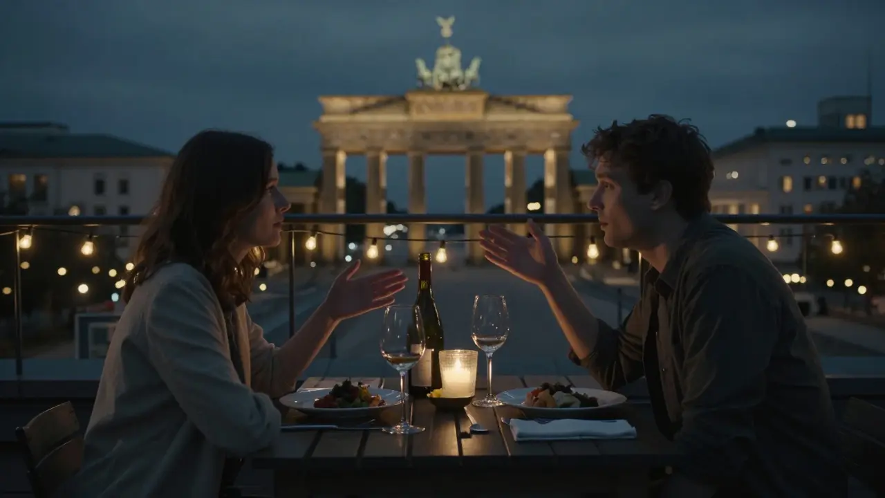 Two people enjoying a quiet rooftop dinner in Berlin, overlooking the city lights with warm ambient lighting.