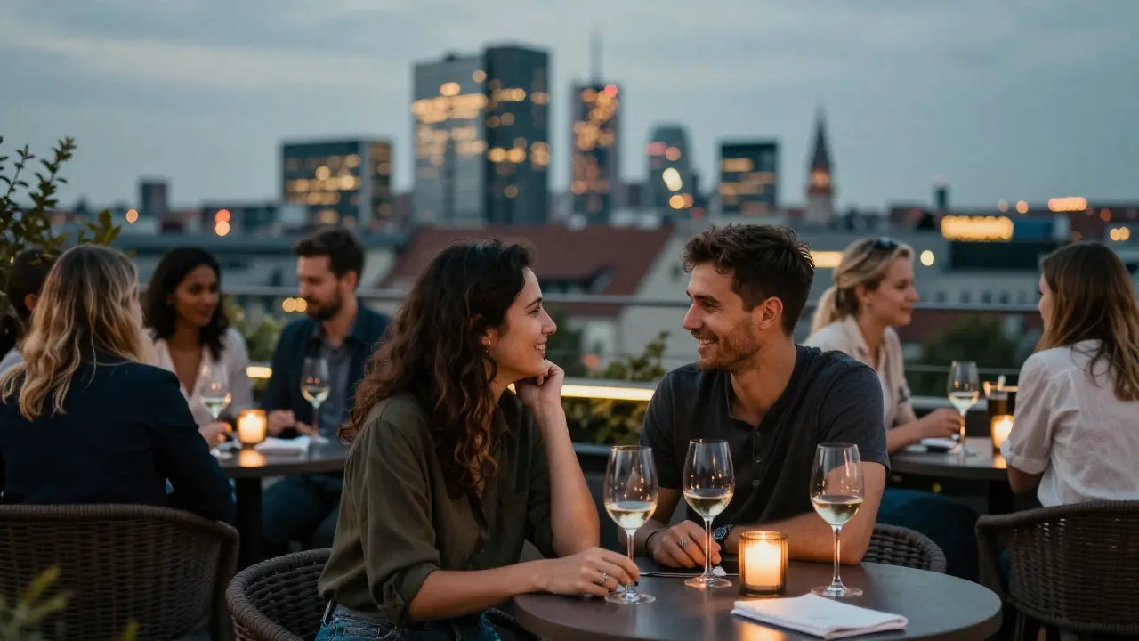 Two people laughing softly on a Berlin rooftop bar at dusk, enjoying wine with the city lights behind them.