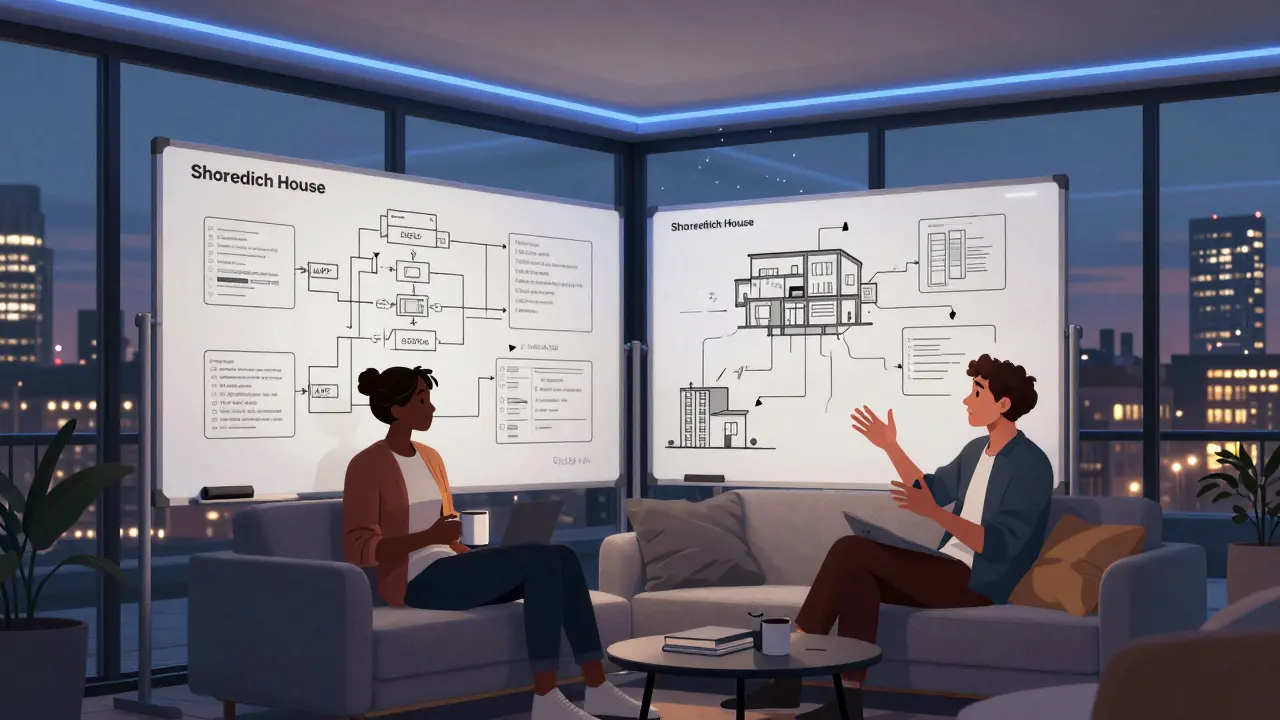 Two people sketching code architecture on whiteboards at Shoreditch House late at night, skyline visible through windows.