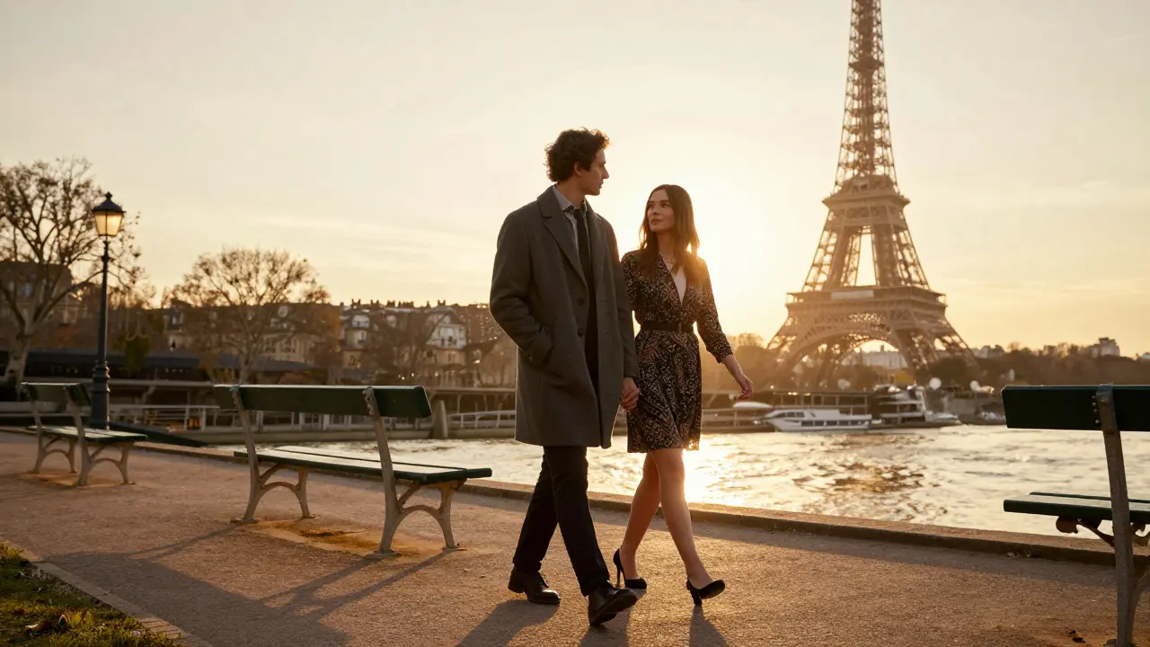 Two people walking peacefully along the Seine at sunset, enjoying the Paris skyline in quiet companionship.
