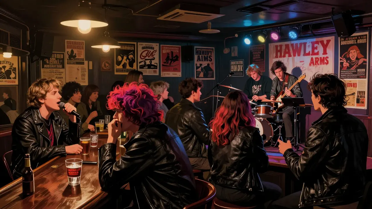 Vibrant Camden pub with live punk music and eclectic crowd under glowing vintage posters.