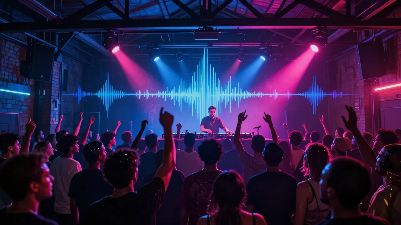 Vibrant crowd dancing in Electric Brixton under pulsing neon lights in an industrial venue.